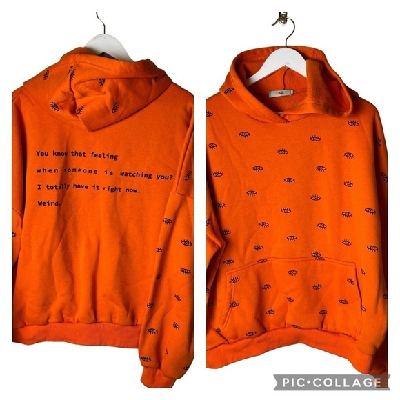 Adika Hoodie Women’s SZ M Orange W/ Eye Pattern & Being Watched Message Oversize - Picture 1 of 10